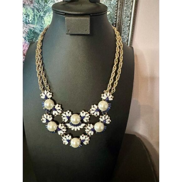 Talbots Multicolor Bib Necklace Faux Pearl & Blue Rhinestone Adjustable - Picture 1 of 3